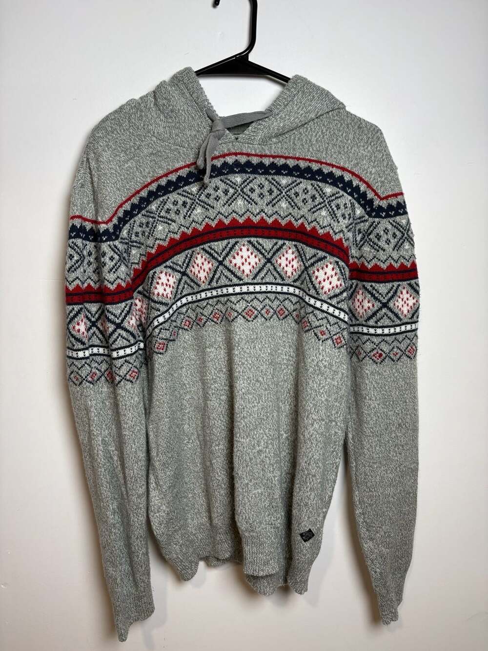 Buffalo Fair Isle Pattern Hooded Sweater Gray Red Blue Knit Pullover Hoodie